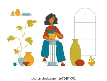 Girl making clay pots at pottery workshop. Pottery studio, pottery hobby. Handcrafted earthenware. Ceramics. Colorful vector illustration in flat cartoon style