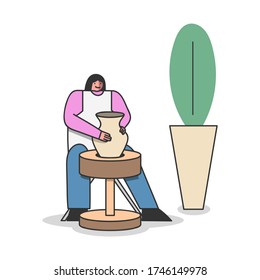 Girl making clay pots and pottery workshop. Cartoon master molding ceramic craft, sculpture or crockery on potter wheel. Handcraft or art hobby concept. Flat vector illustration