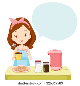 Girl Making Coffee With Talk Bubble, Kitchen, Ware, Crockery, Cooking, Food, Bakery, Occupation, Lifestyle