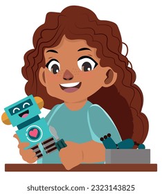 girl making constructor robot, Children and Hobbies, creates a model, fine motor skills. Cartoon vector illustration.