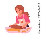 Girl making cookies at table vector illustration. Cartoon isolated young cute baker in apron holding rolling pin, using kitchen utensils to make dough for homemade cake and cook dessert for dinner