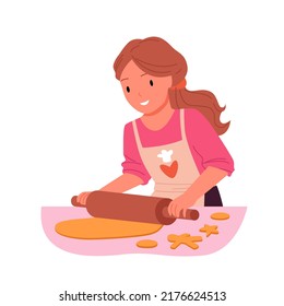 Girl making cookies at table vector illustration. Cartoon isolated young cute baker in apron holding rolling pin, using kitchen utensils to make dough for homemade cake and cook dessert for dinner