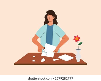 a girl is making crafts, she uses paper with scissors to make flowers, the tools used are paper and scissors.
design, illustration, vector