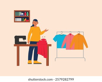 The girl is making crafts, she will make clothes, the tools she uses such as color fabrics, threads, sewing machines, needles, and tape measure.
design, illustration, vector