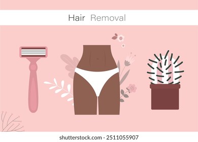 Girl making epilation. Intime zone, legs hair removal on dark afro skin. Beauty salon, removal procedure advertising. Smooth skin depilation. Choice between cactus and razor. flat vector illustration