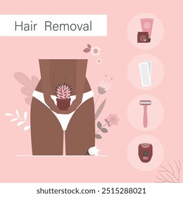 Girl making epilation. Intime zone, legs hair removal on dark afro skin. Epilation procedure advertising. Different types of hair removal. Smooth skin depilation. Female hands holding cactus. vector