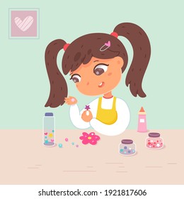 Girl making flower with beads and stars in art and crafts class. Little child crafting with glue, sitting at desk in school classroom. Creative activities with tools vector illustration.