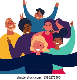 Girl is making funny selfie group picture  Female   male friends are posing for group selfshot photography   Caption happy   cheerful man   women and peace signs  selfieparty  Vector flat