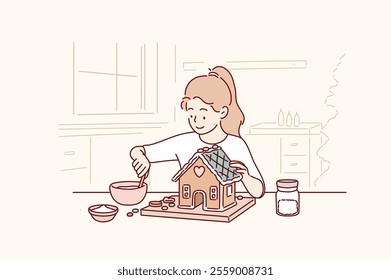 The girl is making a gingerbread house in the kitchen. Hand drawn style vector design illustrations.