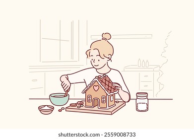 The girl is making a gingerbread house in the kitchen. Hand drawn style vector design illustrations.