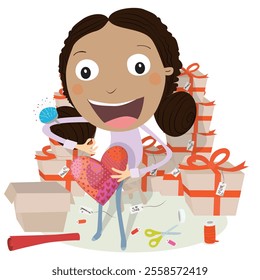 Girl making handmade heart Christmas gift to give to the whole family an friends. Vector illustration.
