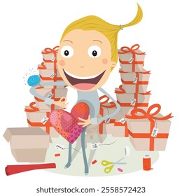 Girl making handmade heart Christmas gift to give to the whole family an friends. Vector illustration.