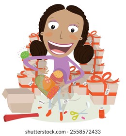 Girl making handmade heart Christmas gift to give to the whole family an friends. Vector illustration.