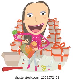 Girl making handmade heart Christmas gift to give to the whole family an friends. Vector illustration.