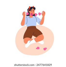 Girl making handmade heart decoration. Kid crafting valentines day adornment. Cute happy child with handcrafted hand-made decor, DIY hobby. Flat vector illustration isolated on white background