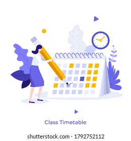 Girl making notes in calendar or planner. Concept of class timetable, education plan, effective study time management, scheduling, productivity at school. Modern flat vector illustration for banner.