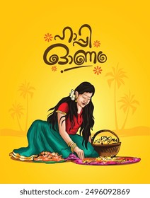 Girl Making Onam Rangoli Vektorgrafik mit Happy Onam Gruß in Malayalam Kalligrafie