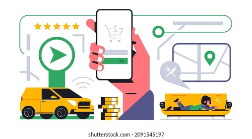 A girl making an online order for home delivery and successful payment through a mobile application. A hand holding a phone, car, a route to an address, a five-star review. Vector illustration