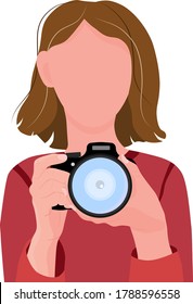 Girl making a photo. Woman with digital photo camera in her hands. Professional photographer. Vector illustration.