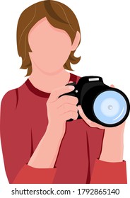 Girl making a photo. Woman with digital photo camera in her hands. Professional photographer. Vector illustration.