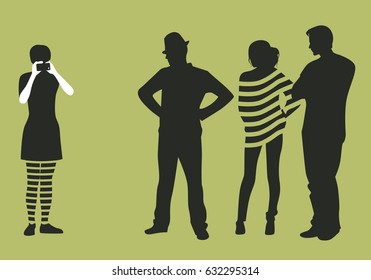 Girl making photos or movies with the phone and group of three looking at her. Silhouettes vector Illustration