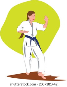 Girl is making a pose of karate with a yellow background