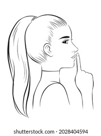 Girl making a quiet gesture. vector illustration isolated cartoon hand drawn. Line art
