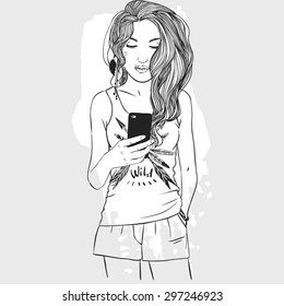 Girl making selfie. Hand drawn vector illustration. 