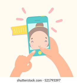 Girl making selfie with her smartphone. Vector hand drawn illustration