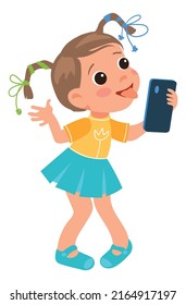 Girl making selfie. Kid shooting photo on phone