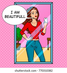 Girl is making selfie in the mirror pop art retro vector illustration. Comic book style imitation.