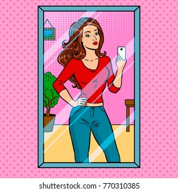 Girl is making selfie in the mirror pop art retro vector illustration. Comic book style imitation.