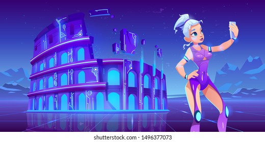 Girl making selfie on Coliseum neon sci-fi background. Futuristic tourism. Famous Rome monument landmark in synth retro wave style. Antique building ruins, virtual reality. Cartoon vector illustration