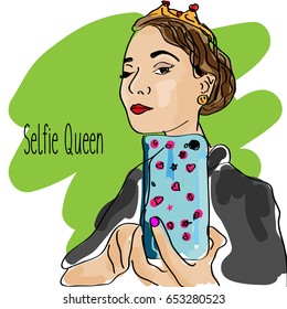 Girl making selfie with smartphone. Sketch style, doodle vector illustration