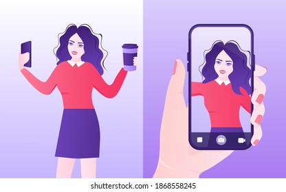 Girl, making selfie for social media on her smartphone. Selfie, great design for any purposes. Smartphone icon vector illustration. Flat vector character illustration. Flat character.