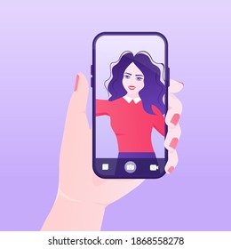 Girl, making selfie for social media on her smartphone. Selfie, great design for any purposes. Smartphone icon vector illustration. Flat vector character illustration. Flat character.
