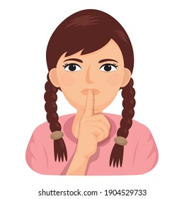  Girl making a shushing with finger on lips, illustration vector cartoon