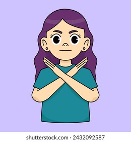 Girl making the sign of the cross and frowning, showing a stop gesture, saying no, prohibiting bad actions