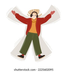 Girl making a snow angel. Hand drawn Christmas winter illustration