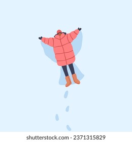 Girl making snow angel, top view. Woman lying with snowy wings, winter holiday fun. Female character during funny outdoor leisure activity in wintertime vacation, frost. Flat vector illustration