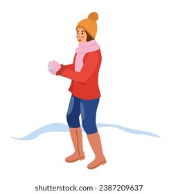 A girl making snowballs outdoors on winter day. Smiling teenage girl outdoors making snowballs. Snowball fight, fun outdoor games. Vector clipart, flat style images.