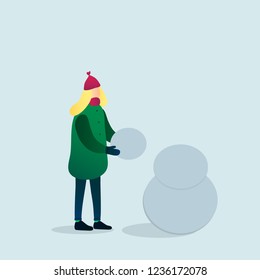 Girl making snowman. Flat vector illustration. Winter holiday card.
