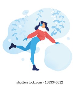 Girl making a snowman. A happy woman enjoys snowfall and plays with snow. cartoon illustration for the winter entertainment concept. frozen plants isolated background. Winter web banner design. Vector