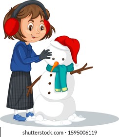 Girl making snowman on isolated background illustration