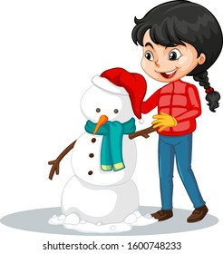 Girl making snowman on isolated background illustration