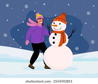 Girl making a snowman, vector illustration. Flat cartoon design.