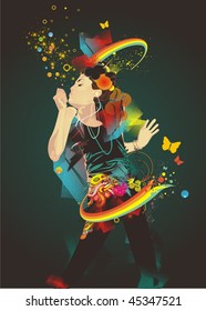 girl making soap bubbles,rainbow and abstract background