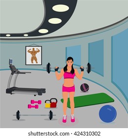 Girl making squat with barbell, vector illustration