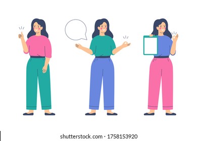 Girl is making a thumb up gesture. Happy young woman raises her hand with sign ok and speech bubble. Presentation concept. Human character vector illustration.