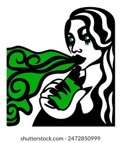 Girl making vape cloud with e-cigarette. Simple vector isolated illustration. Black and green colors.